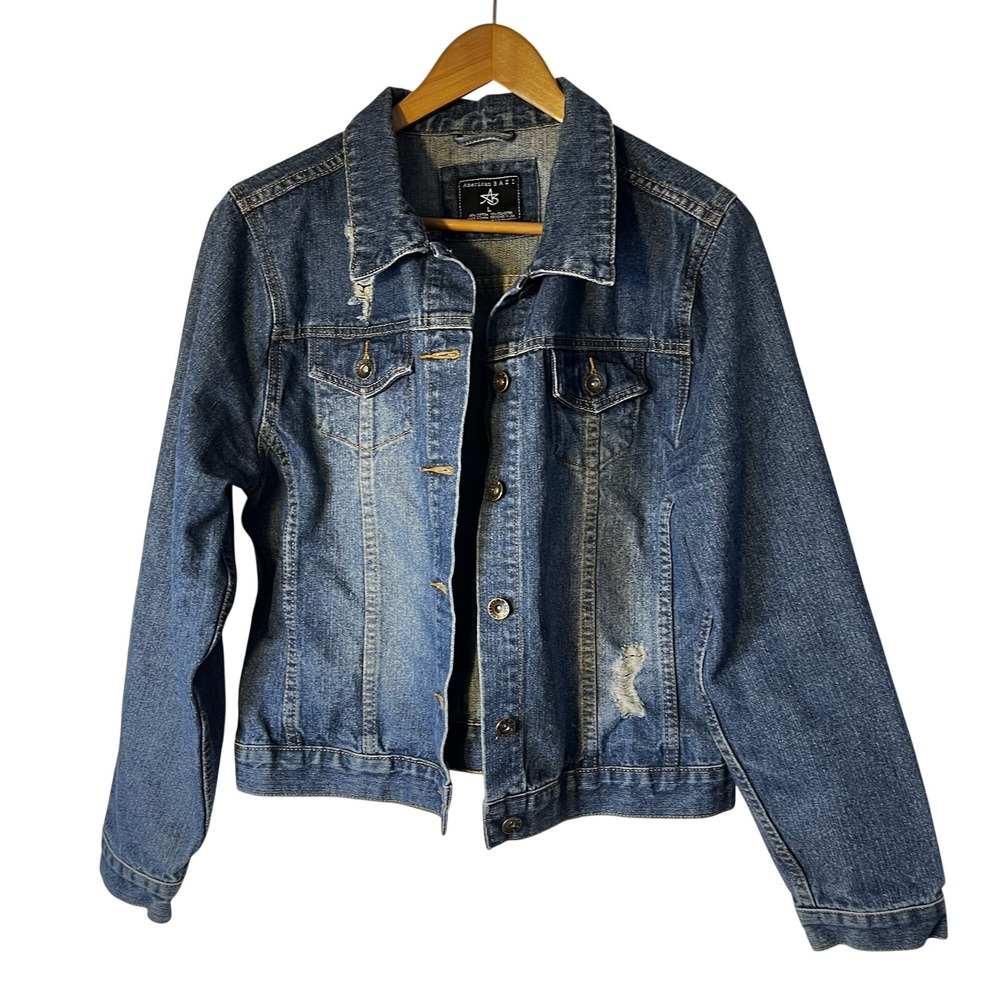 American Bazi Denim Jean‎ Jacket Women's Sz L Blue Distressed Ripped Grunge
